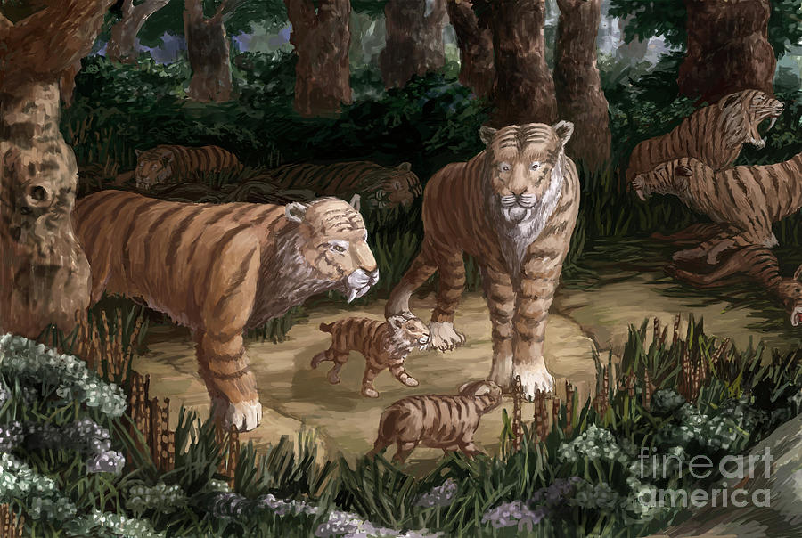 Prehistoric Photograph - Saber-toothed Cat Family, Illustration by Spencer Sutton