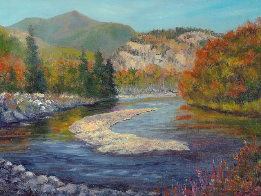 Fall Painting - Saco River and Cathedral Ledge, North Conway, NH by Elaine Farmer