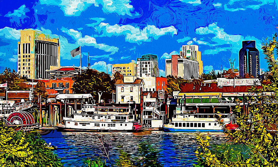 Sacramento cityscape from the riverwalk - impressionist painting Digital Art by Nicko Prints