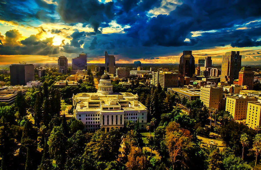 Sacramento cityscape with California State Capitol at sunset - light digital painting Digital Art by Nicko Prints