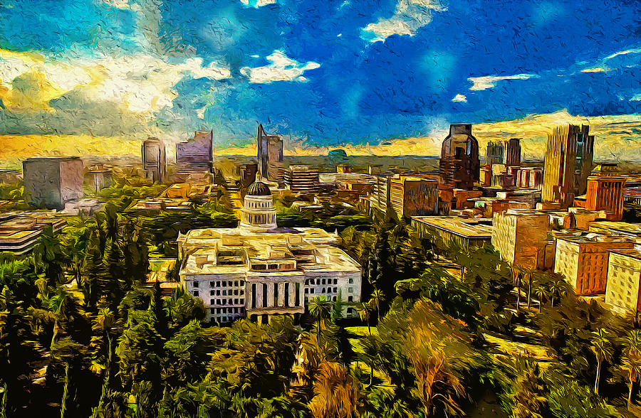 Sacramento cityscape with California State Capitol at sunset - strong digital painting Digital Art by Nicko Prints