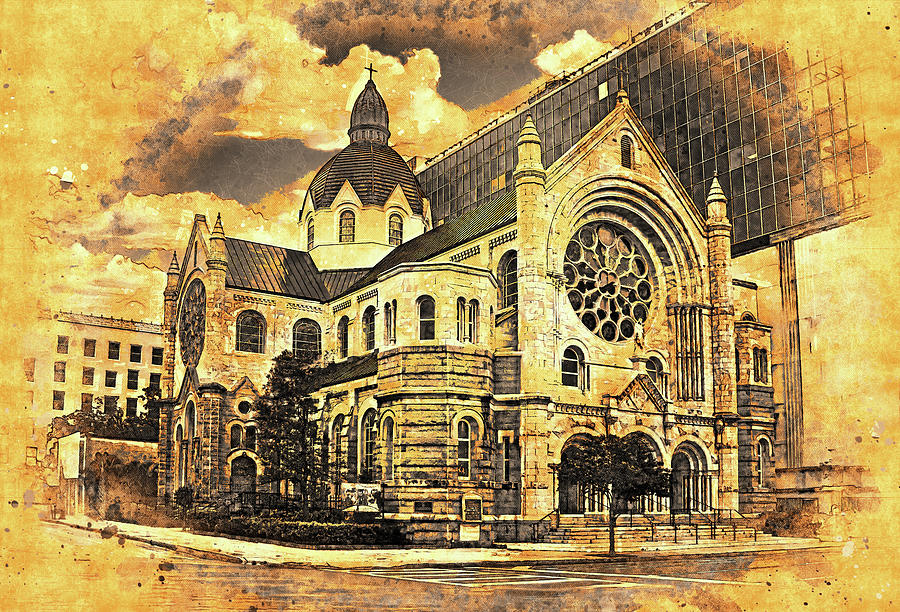 Sacred Heart Catholic Church in Tampa, Florida - digital painting with vintage look Digital Art by Nicko Prints