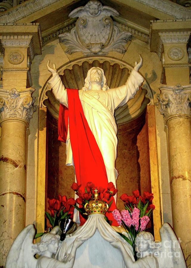 Sacred Heart of Jesus Easter Resurrection Statue and Tulips OLV Basilica Photograph by Rose Santuci-Sofranko