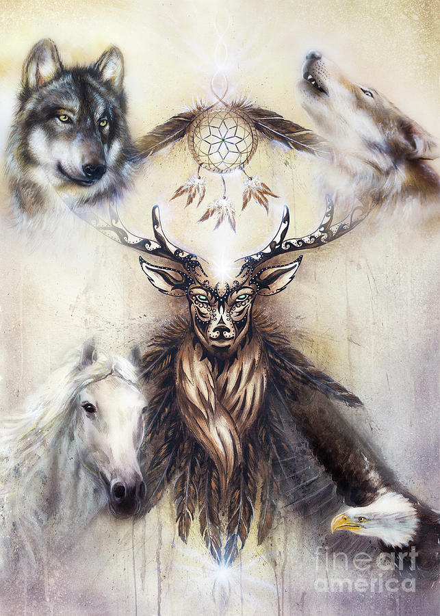 Sacred Ornamental Deer Spirit With Dream Catcher Symbol And Animals. Mixed  Media by Jozef Klopacka - Pixels
