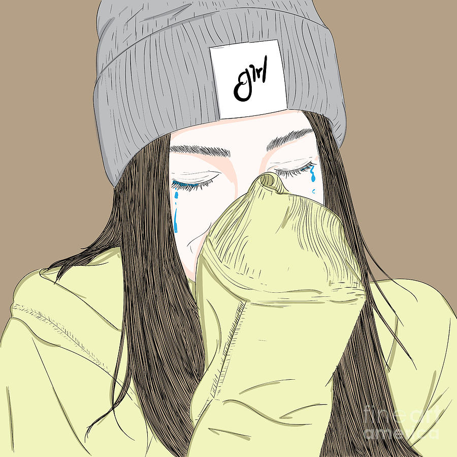 Sad Girl Crying - Line Art Graphic Illustration Artwork Digital Art by ...