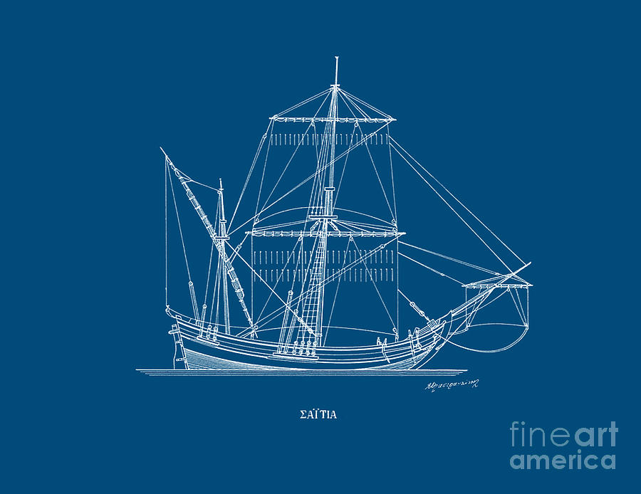Saetia - traditional Greek sailing ship - blueprint Drawing by Panagiotis Mastrantonis