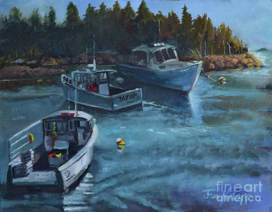 Lobster Boats Painting - Safe in Birch Harbor by Jan Dappen