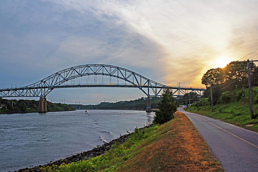 Sagamore Bridge Sunset from the Cape Cod Canal Bike Path Buzzards Bay Bourne MA Photograph by Toby McGuire