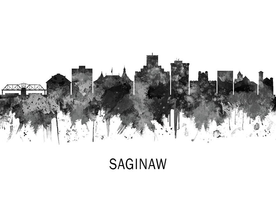 Saginaw Michigan Skyline BW Mixed Media by NextWay Art Pixels