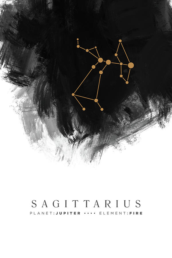 Sagittarius Zodiac Sign - Minimal Print - Zodiac, Constellation, Astrology, Good Luck, Sky - Black Mixed Media by Studio Grafiikka