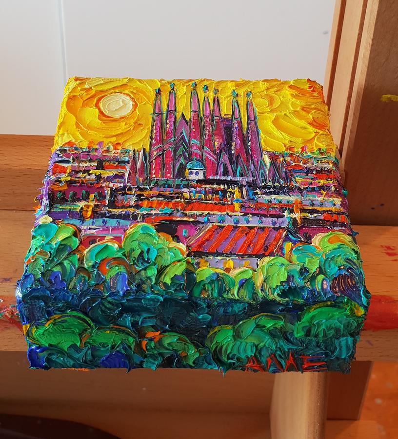 SAGRADA FAMILIA BARCELONA ABSTRACT CITYSCAPE on 3D canvas painted sides art by Ana Maria Edulescu  Painting by Ana Maria Edulescu