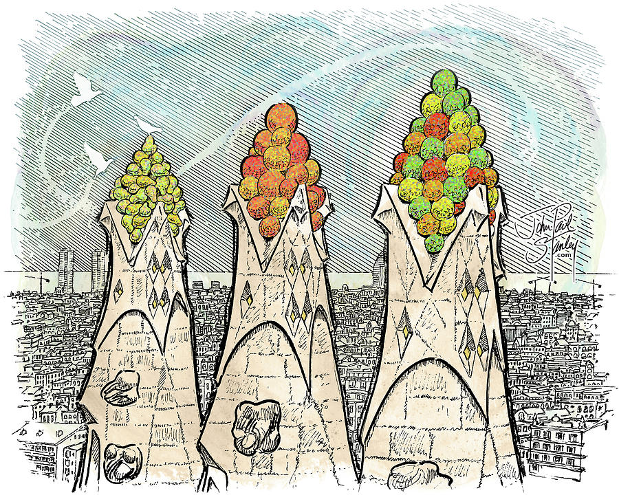 Sagrada Familia Cathedral Spires Barcelona Drawing by John Paul Stanley
