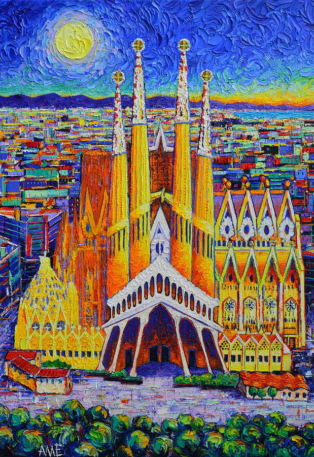 SAGRADA FAMILIA FACADE OF THE PASSION BY MOON impasto palette knife oil painting Ana Maria Edulescu  Painting by Ana Maria Edulescu