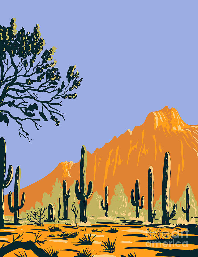 Saguaro Cactus Or Carnegiea Gigantea In Ironwood Forest National Monument Section Of The Sonoran Desert In Arizona Wpa Poster Art Digital Art