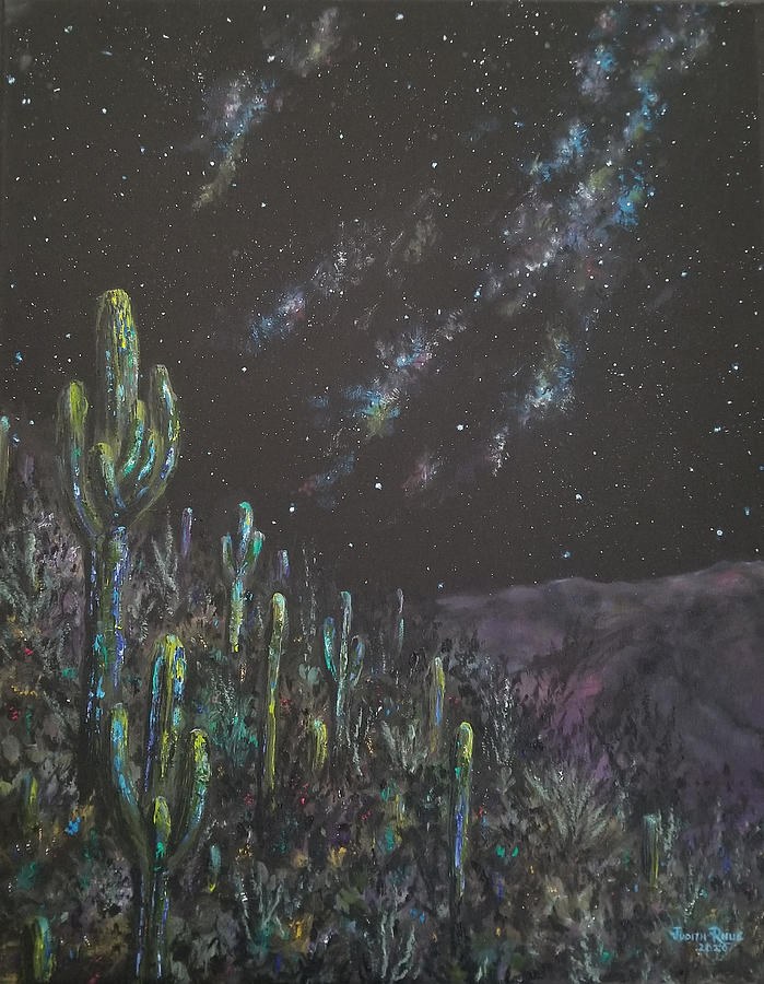 Saguaro Hill at Night Painting by Judith Rhue