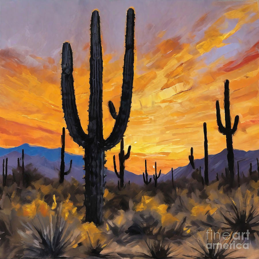 Saguaro Ribs Rising Skeletal And Black Against A Saffron Sunset Sky ...