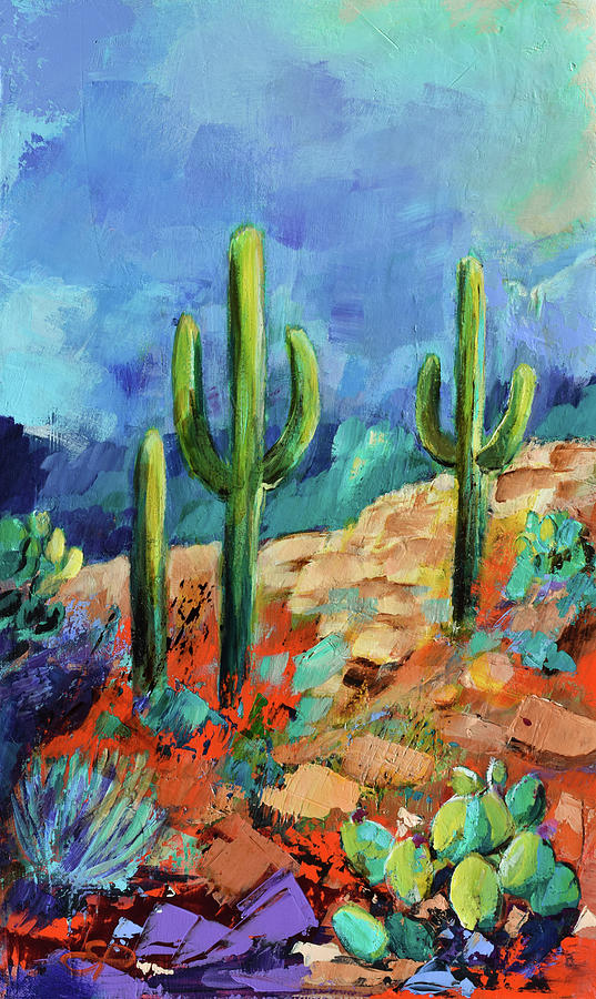 Saguaro Trio - Arizona Painting by Elise Palmigiani