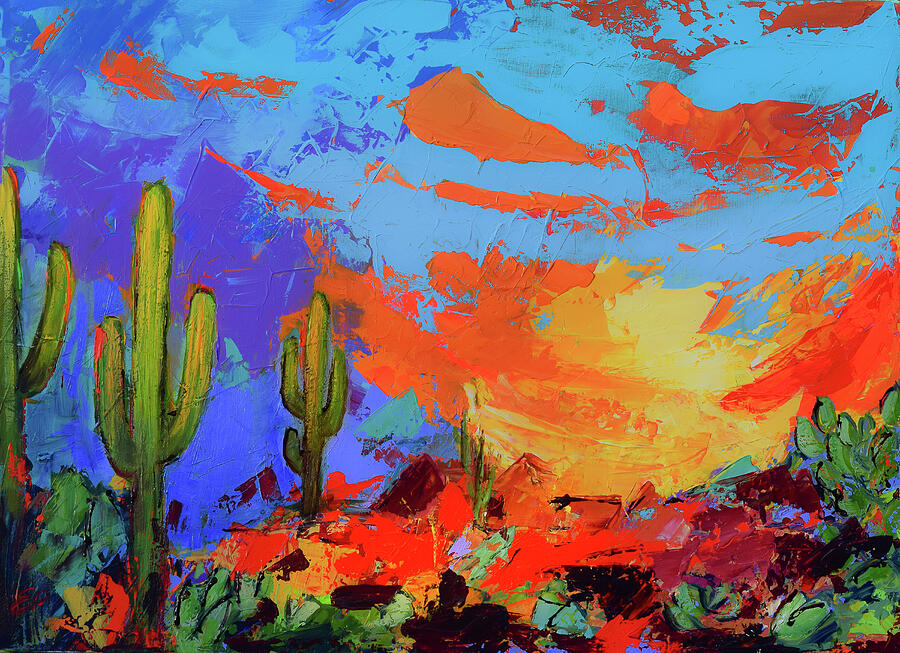 Sunset Painting - Saguaros Land Sunset by Elise Palmigiani