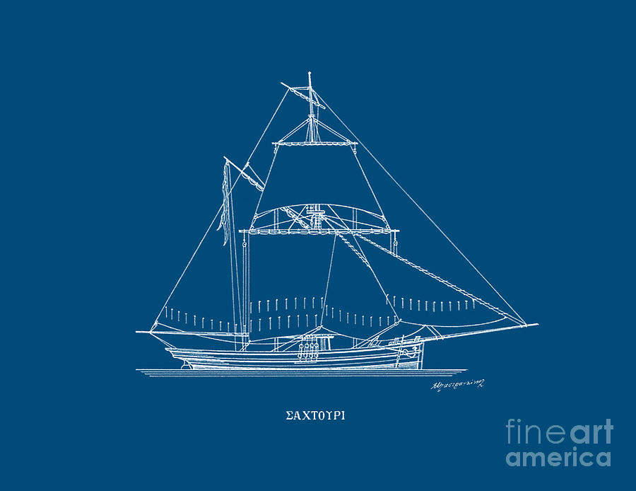 Sahtouri - traditional Greek sailing ship - Blueprint Drawing by Panagiotis Mastrantonis