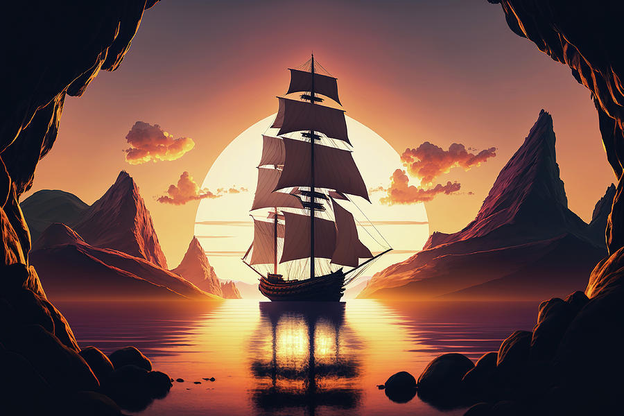 Sail Boat Against a Colorful Sunset Digital Art by Jim Vallee