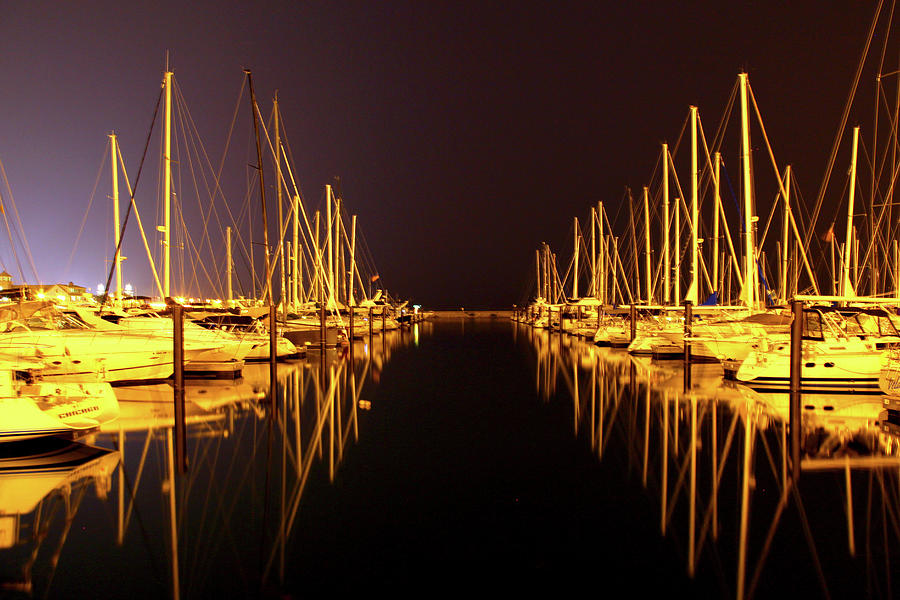 Sail Boat Lights Night Monroe Harbor Photograph by Patrick Malon