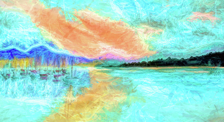 Sail Boats Moored On Peaceful Lake  Panorama  Abstract Turquoise Tint Mixed Media