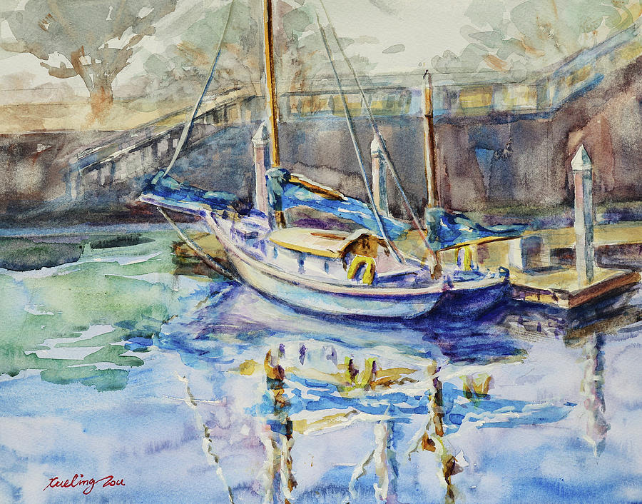 Sailbaot at Old Fishermans Wharf Monterey Bay California Painting by Xueling Zou
