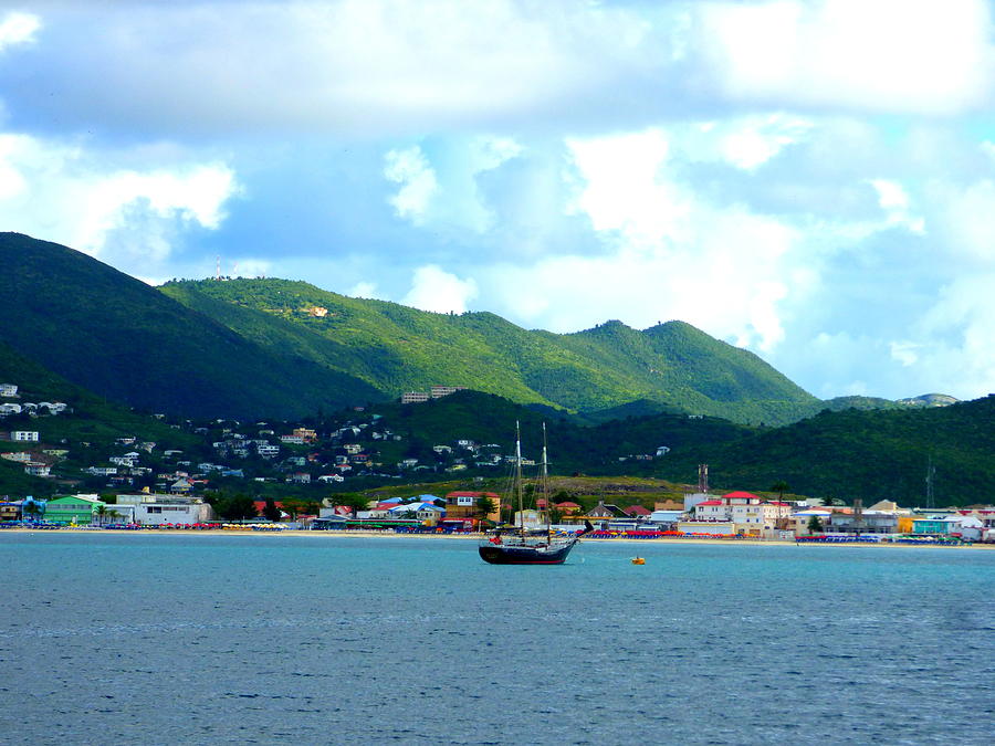Sailboat And Colorful Buildings At St Marteen Harbor Photograph
