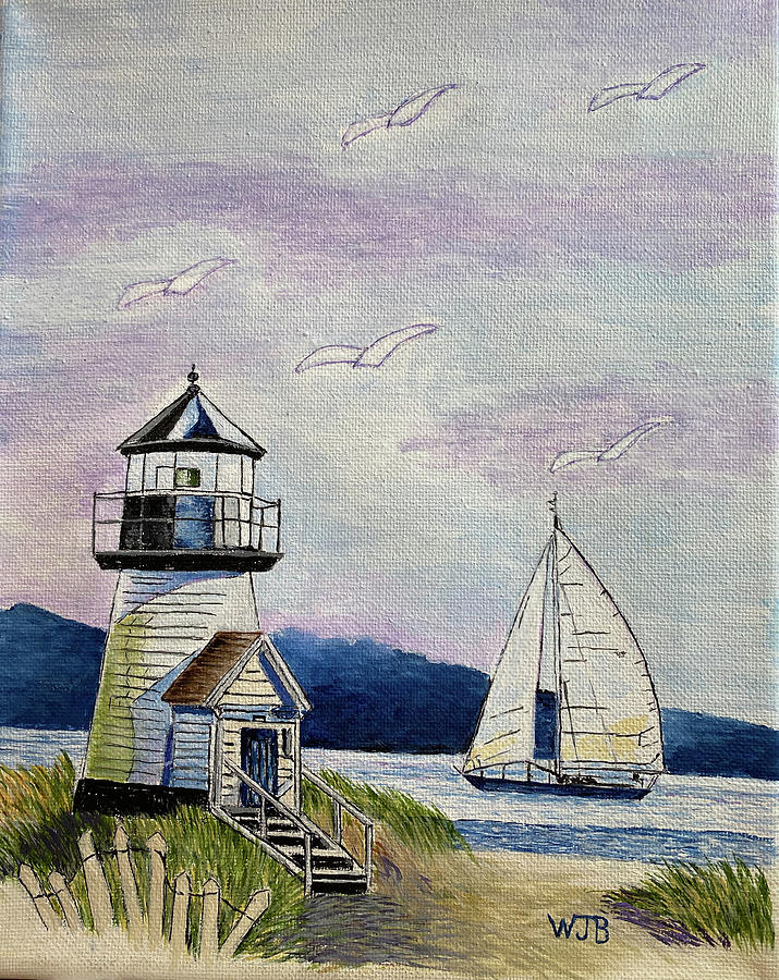 Sailboat and Lighthouse Painting by William Bowers
