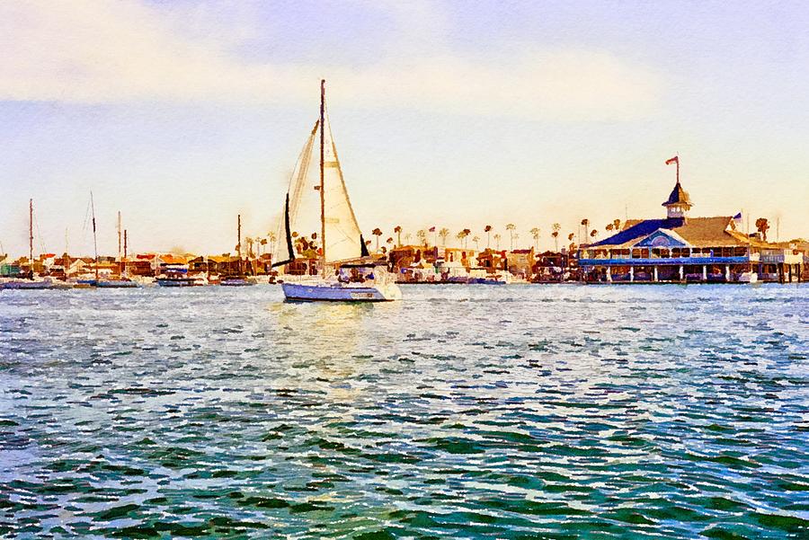 Sailboat at Newport Beach II Watercolor Mixed Media by Susan Rydberg