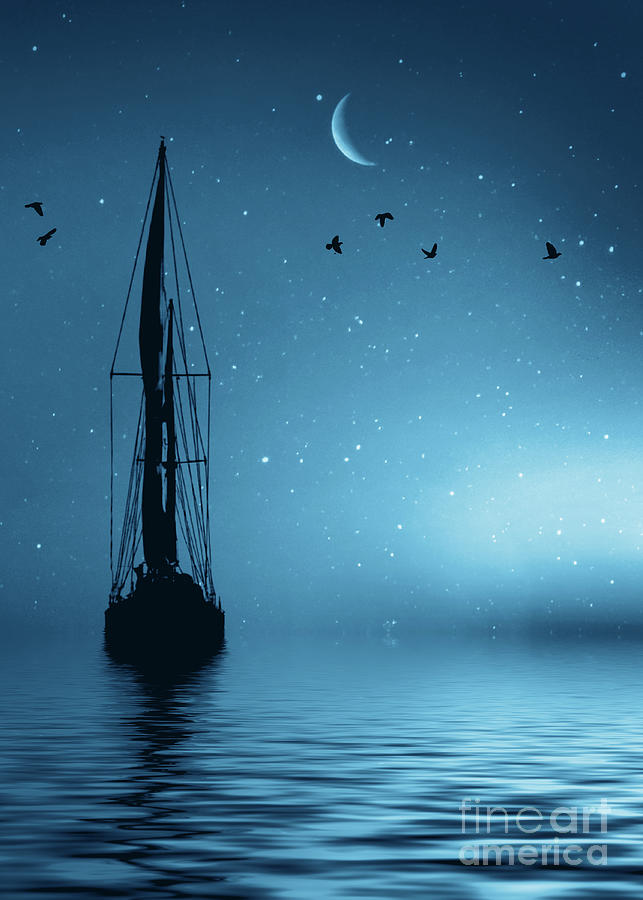 Sailboat at Night Surreal with Crescent Moon Silhouetted and Stars Photograph by Stephanie Laird