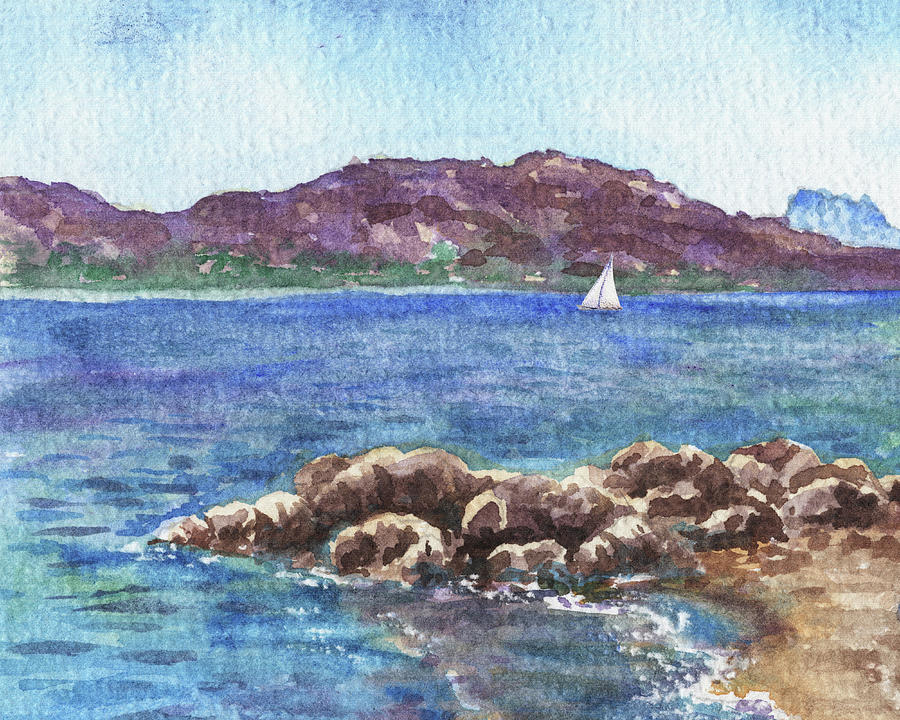 Sailboat At The Rocky Shore Mediterranean Sea Beach Watercolor   Painting by Irina Sztukowski