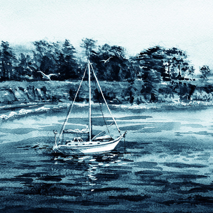 Sailboat At The Shore Blue Watercolor Landscape Painting by Irina Sztukowski