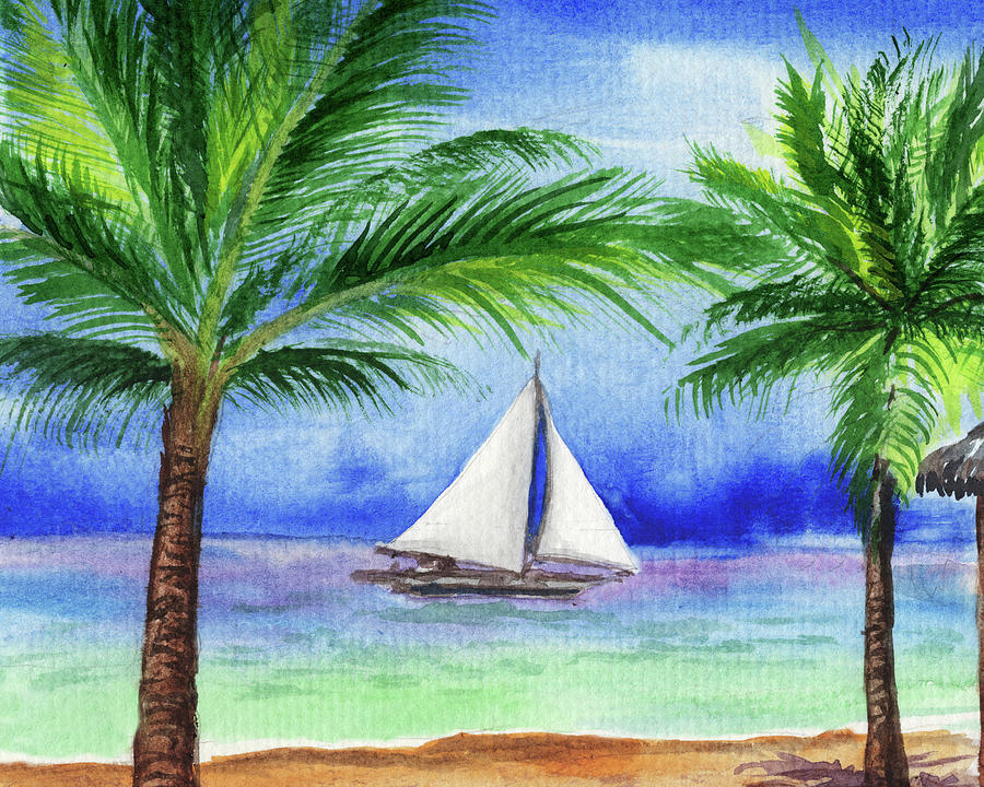 Sailboat Beach Ocean Tropical Paradise Watercolor Landscape  Painting by Irina Sztukowski