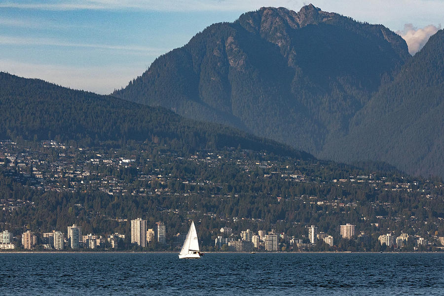Sailboat in English Bay with Crown Mountain Photograph by Michael Russell