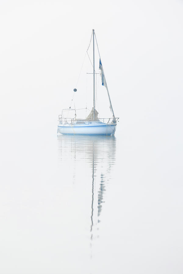 Sailboat In Fog Navarre Florida Photograph by Jordan Hill
