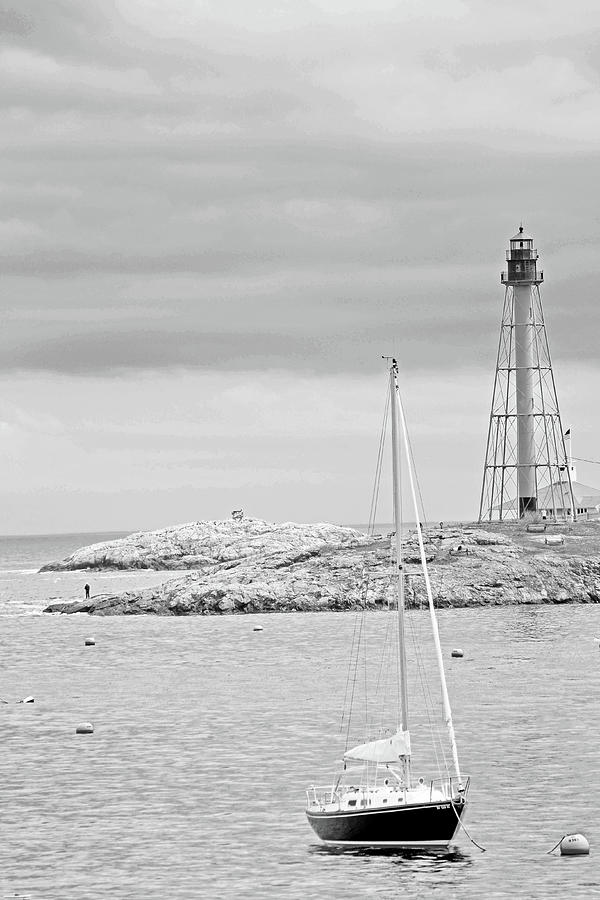 Sailboat in front of Marblehead Light Tower Black and White Photograph by Toby McGuire