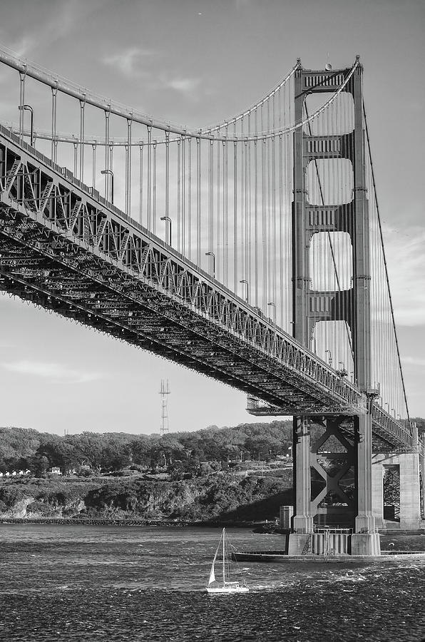 Sailboat Navigating Under the Golden Gate Bridge San Francisco Black and White Photograph by Shawn OBrien