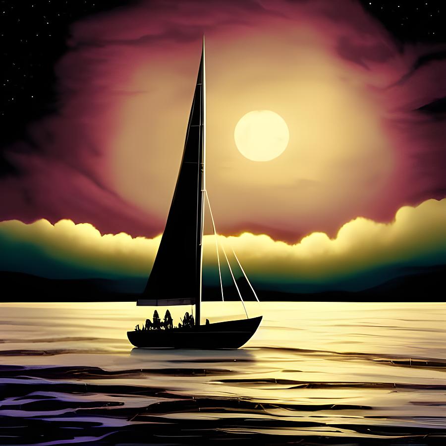 Sailboat on a Calm Sea Under the Pale Moonlight Digital Art by Derek ...