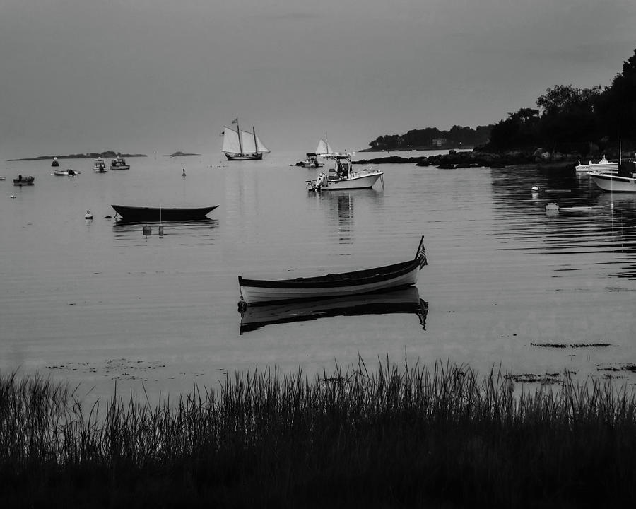Sailboat on Juniper Cove Salem MA Black and White Photograph by Toby McGuire
