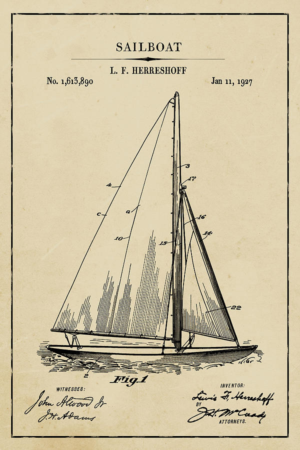 Sailboat One Blueprint Patent on Aged Paper Nautical Patent Art Digital Art by Florian Rodarte