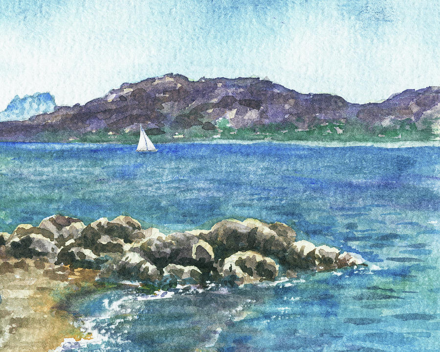 Sailboat Rocky Beach Mediterranean Sea Shore Watercolor   Painting by Irina Sztukowski