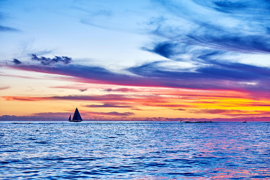 Sailboat Sailing During at Sunset, Hawaii Photograph by Zorazhuang
