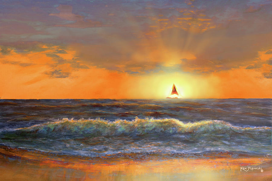 Sailboat Sun Seascape Painting by Ken Figurski