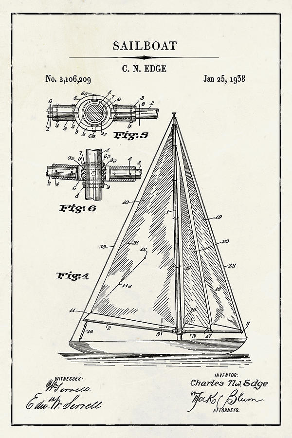Sailboat Two Blueprint Patent on Ivory Paper Nautical Patent Art Digital Art by Florian Rodarte