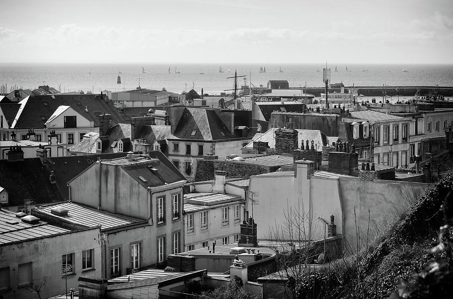 Sailboats and Rooftops over Granville France Black and White Photograph by Shawn OBrien