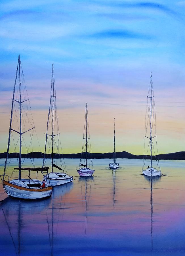 Sailboats At Dusk #10 Painting by James Dunbar