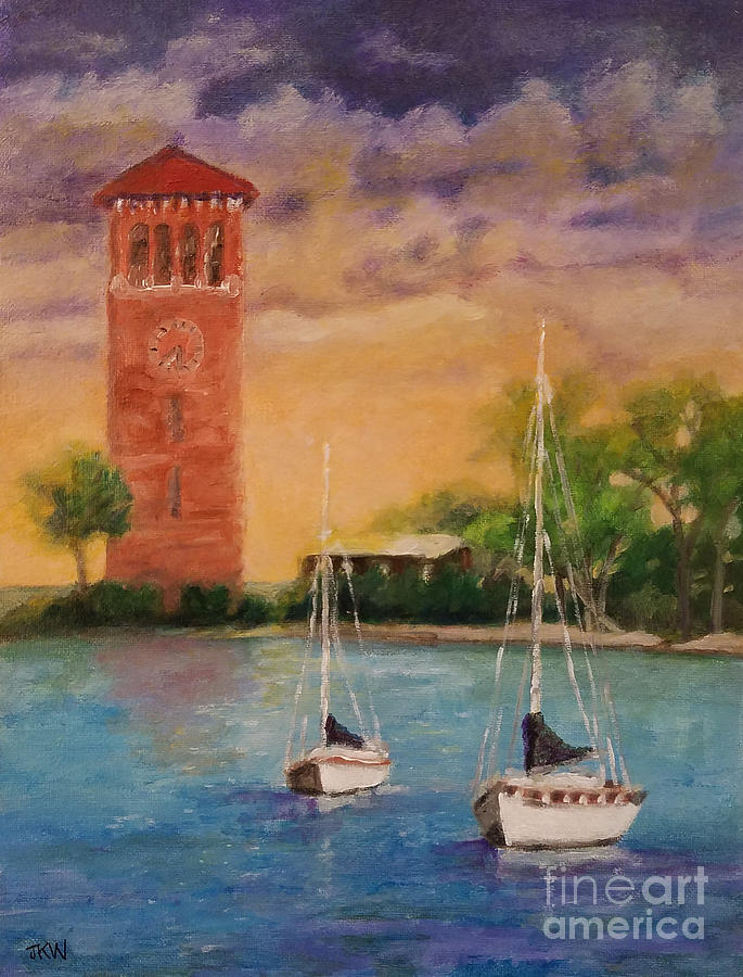 Sailboats at Miller Bell Tower Painting by Judith Whittaker