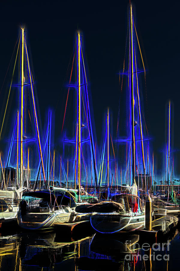 Sailboats in Blue Night Glow with Reflections Photograph by Roslyn Wilkins