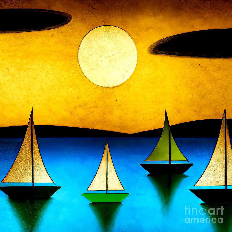Sailboats on a Lake at Sunset Layered Paper Style 1 Digital Art by Rose Santuci-Sofranko
